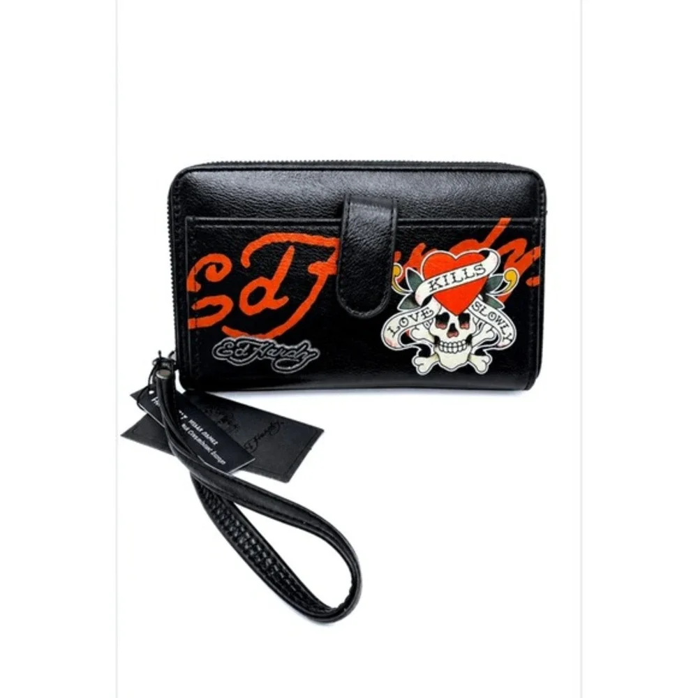 Ed‎ Hardy Goth Dark Romance Heart Zip Around Wristlet Wallet Black Vegan Leather